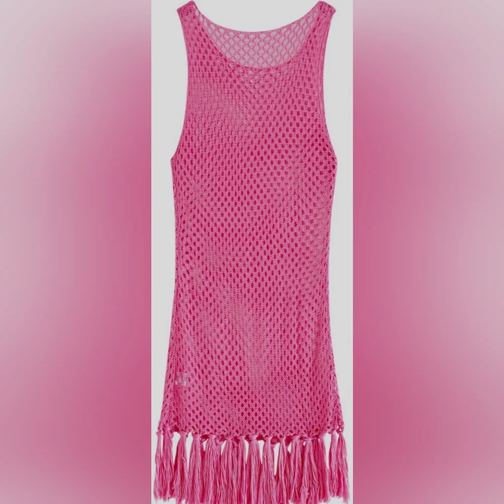 Bright Pink Crochet Coverup/Beach Dress w/ Fringe Hem detail/New Boutique Item - Picture 3 of 9